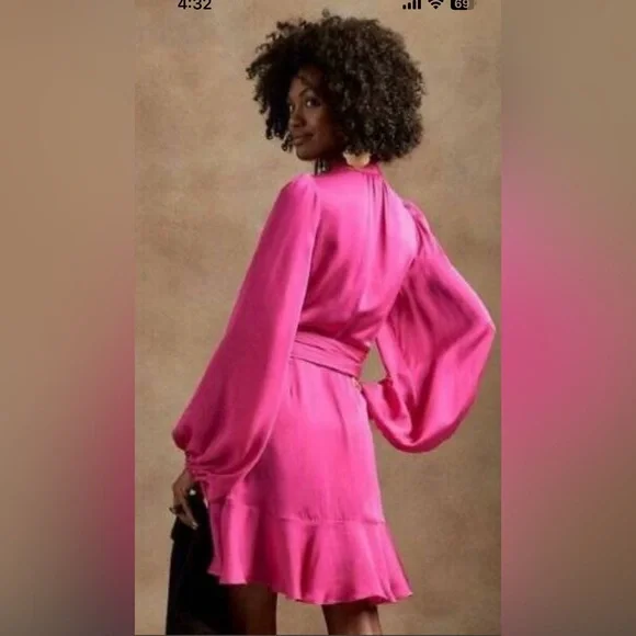 Banana Republic Ruffle Wrap Mini Dress M NWT Bright Peony Pink - Picture 2 of 8